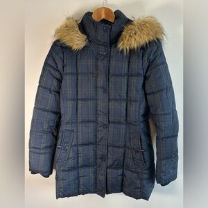 Tommy Hilfiger Woman's Tartan Blue & Green Plaid Hooded Peacoat Faux Fur Ltd Ed.